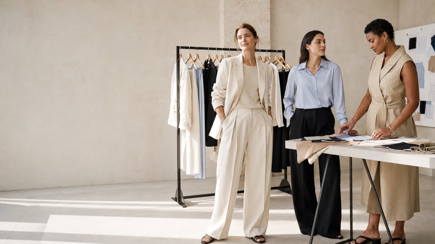 Neutral womenswear looks in a collection development studio